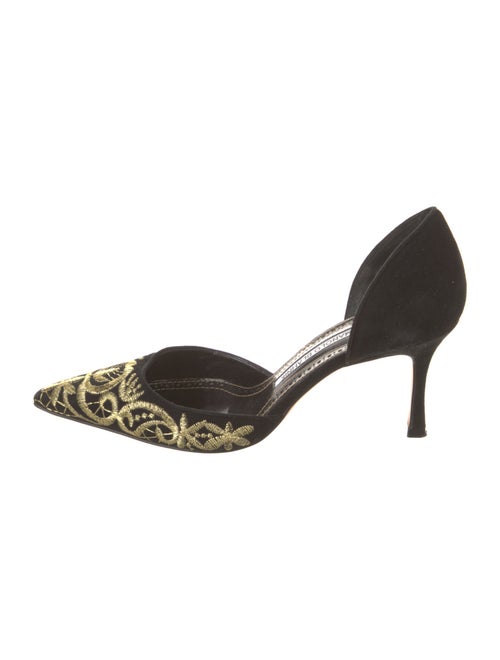 Manolo Blahnik Suede Embroidered Accent D'Orsay Pumps