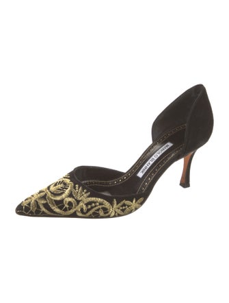 Manolo Blahnik Suede Embroidered Accent D'Orsay Pumps