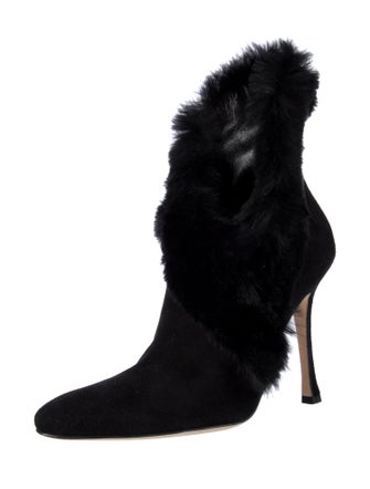 Manolo Blahnik Suede Fur Trim Lace-Up Boots