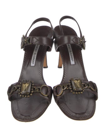 Manolo Blahnik Leather Crystal Embellishments Slingback Sandals
