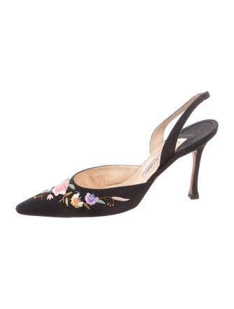 Manolo Blahnik Floral Print Embroidered Accent Slingback Pumps