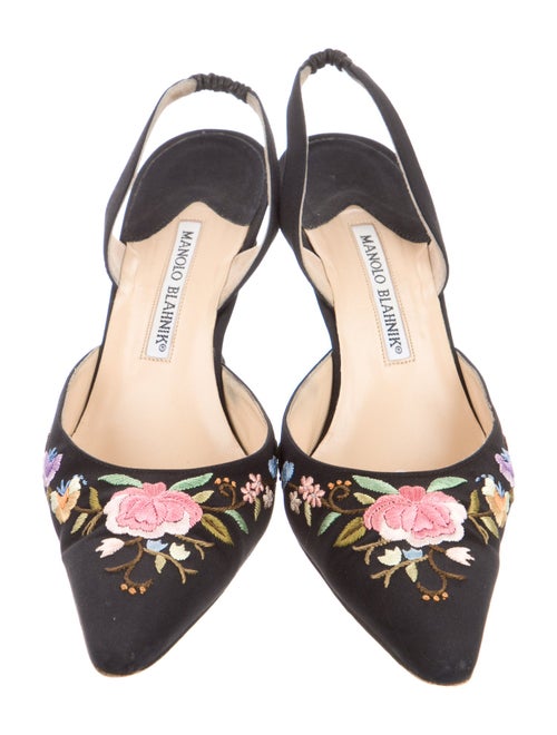 Manolo Blahnik Floral Print Embroidered Accent Slingback Pumps