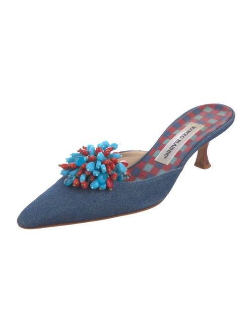 Manolo Blahnik Denim Beaded Accents Mules