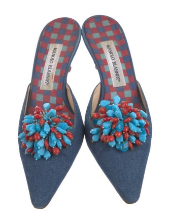 Manolo Blahnik Denim Beaded Accents Mules