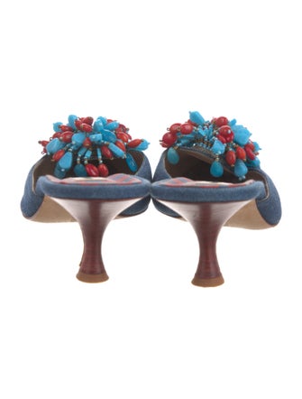 Manolo Blahnik Denim Beaded Accents Mules