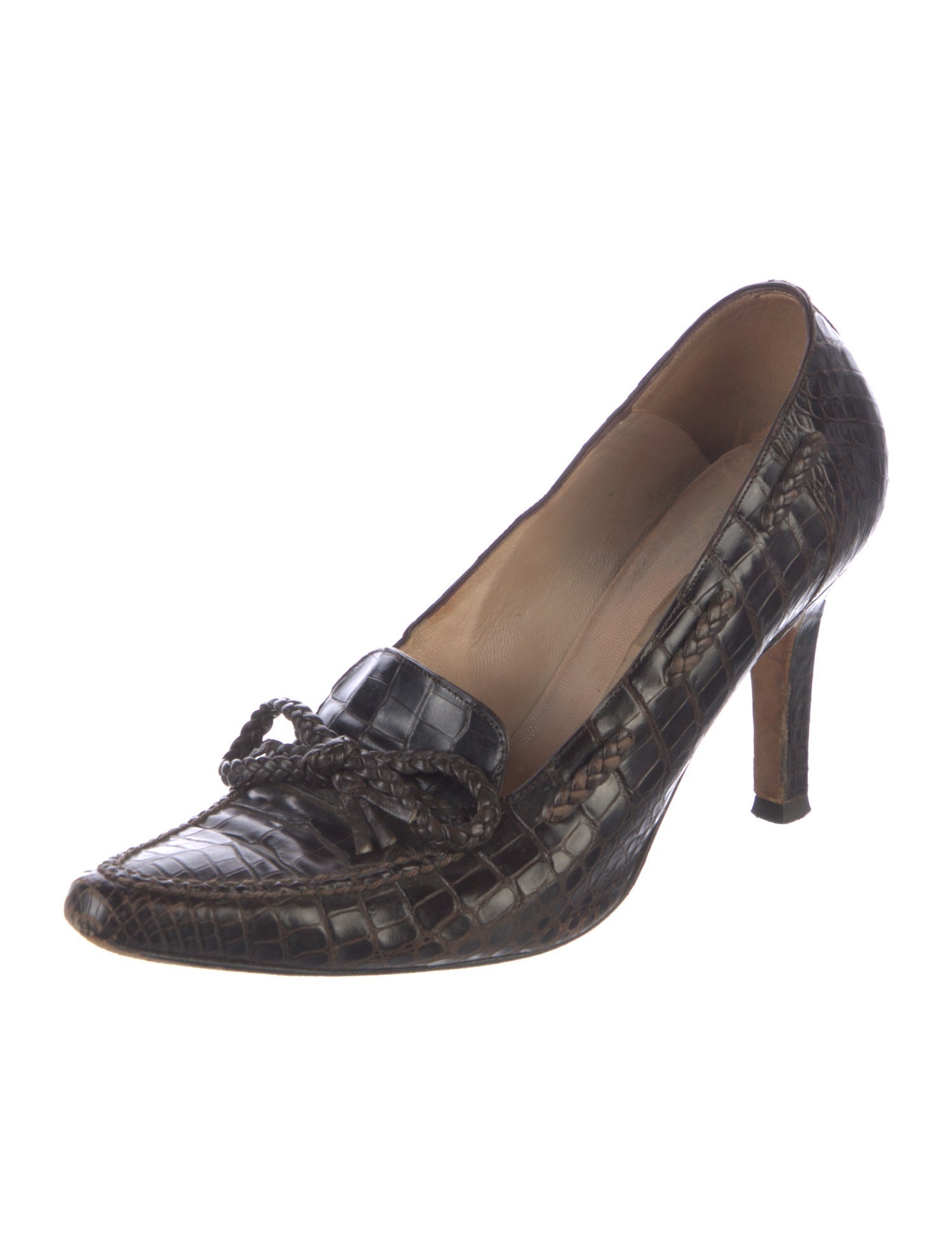 Manolo Blahnik Embossed Leather Bow Accents Pumps