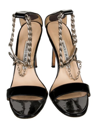 Manolo Blahnik Chaos Chain Patent Leather T-Strap Sandals