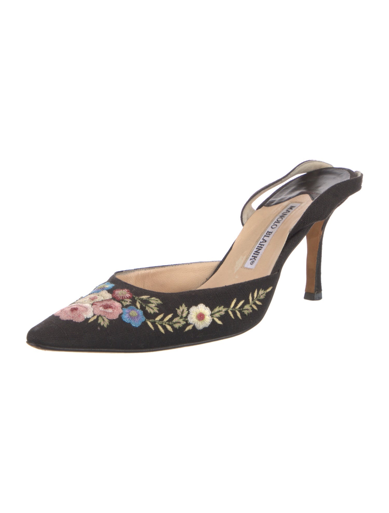 Manolo Blahnik Satin Floral Print Mules