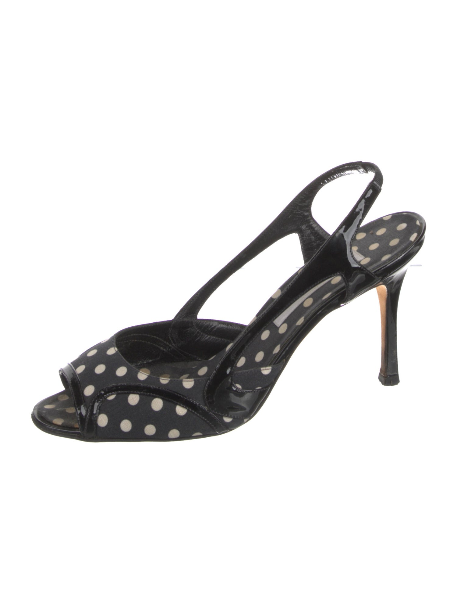 Manolo Blahnik Patent Leather Polka Dot Print Slingback Sandals