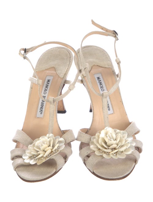 Manolo Blahnik Canvas Beaded Accents T-Strap Sandals