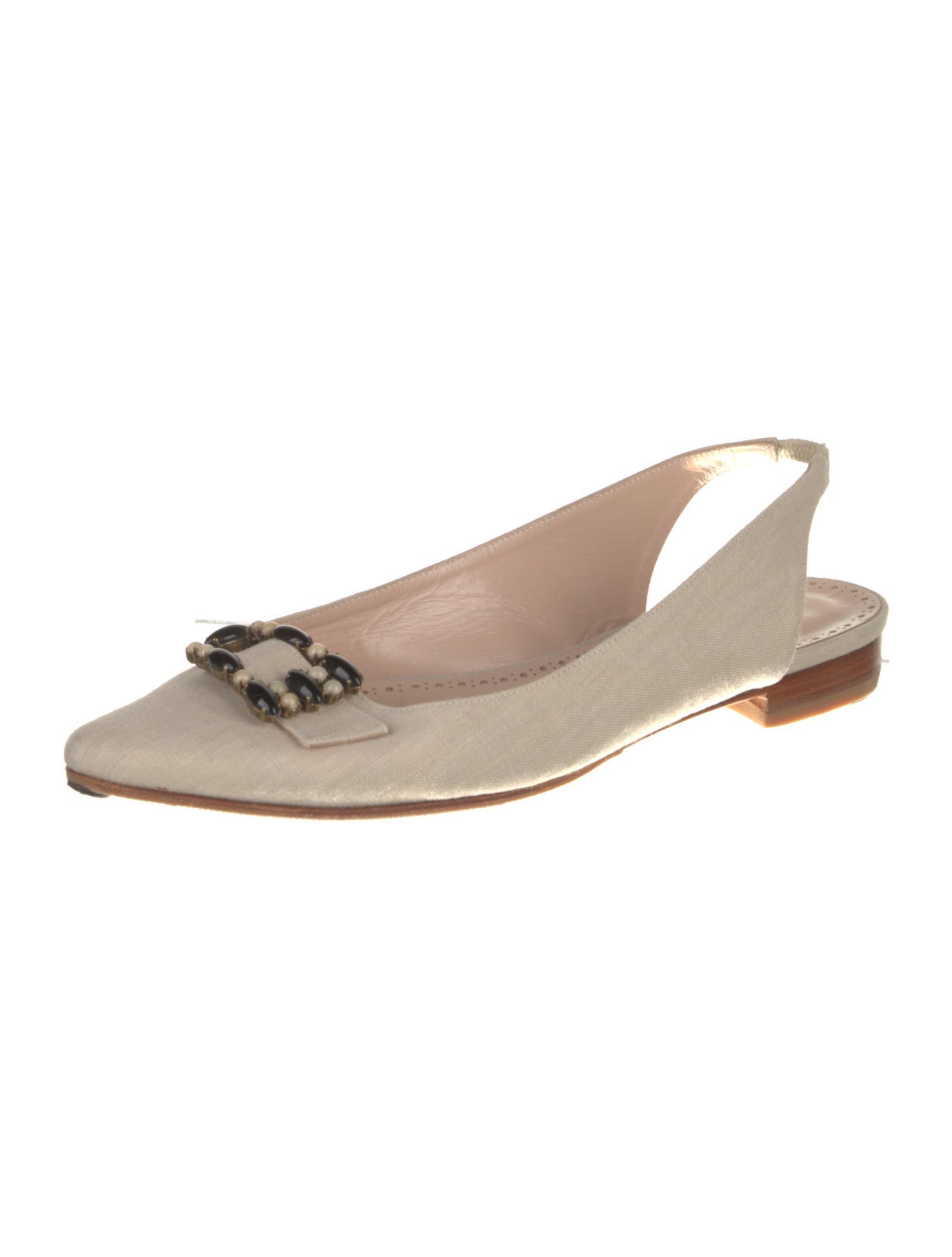 Manolo Blahnik Canvas Beaded Accents Slingback Flats