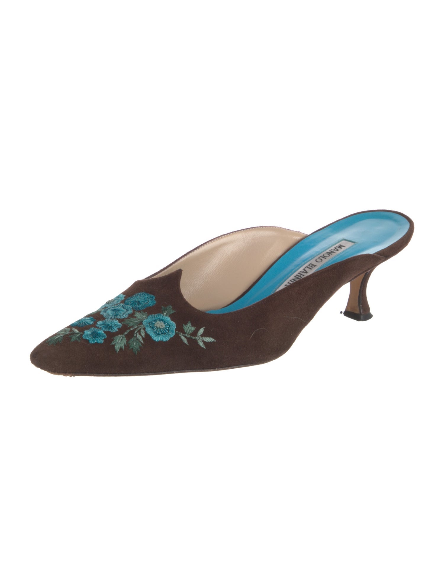 Manolo Blahnik Suede Floral Print Mules