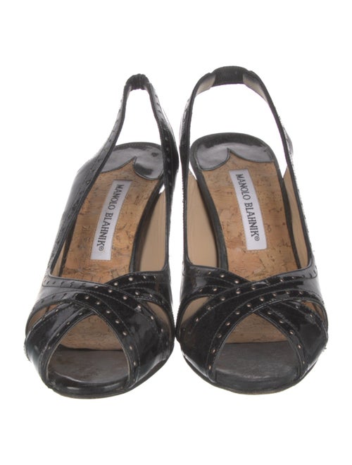 Manolo Blahnik Patent Leather Lasercut Accents Slingback Sandals