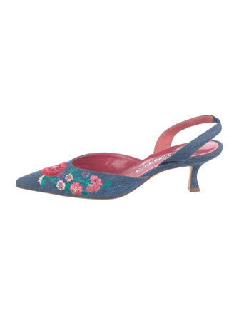 Manolo Blahnik Denim Floral Print Slingback Pumps