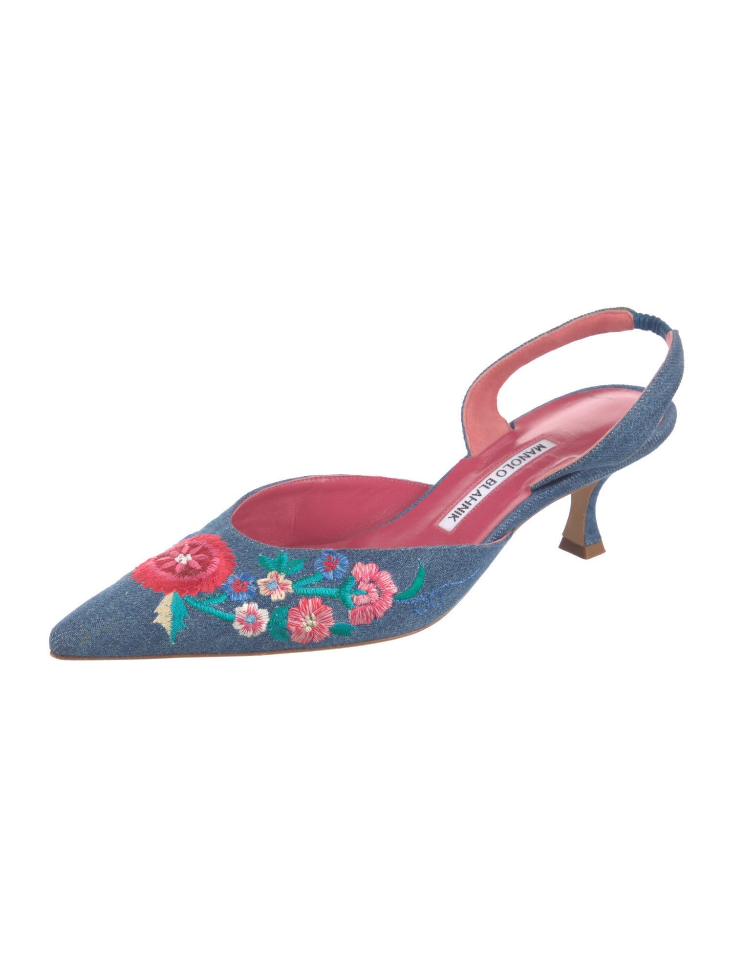 Manolo Blahnik Denim Floral Print Slingback Pumps