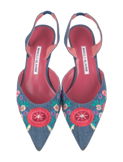 Manolo Blahnik Denim Floral Print Slingback Pumps