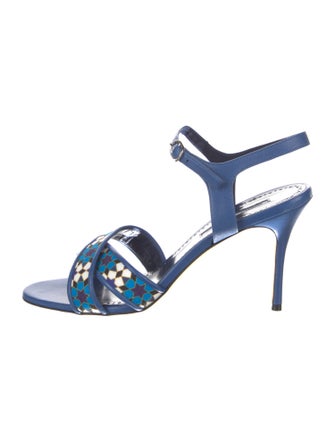 Manolo Blahnik Leather Floral Print Slingback Sandals