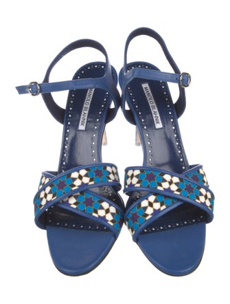 Manolo Blahnik Leather Floral Print Slingback Sandals