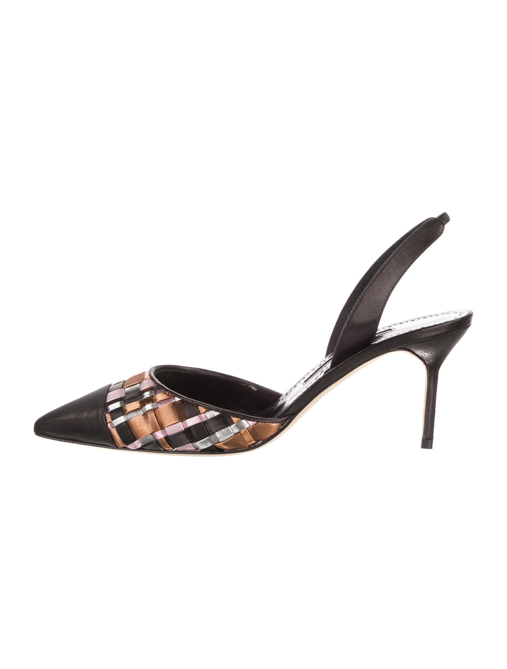 Manolo Blahnik Satin Plaid Print Slingback Pumps