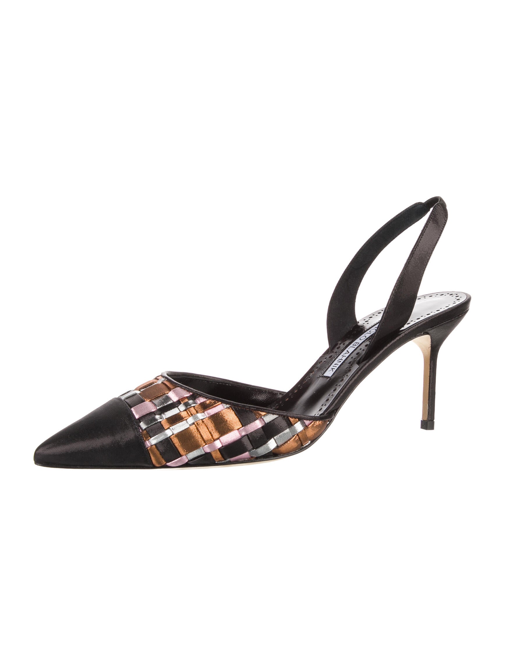 Manolo Blahnik Satin Plaid Print Slingback Pumps