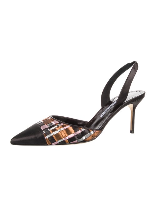 Manolo Blahnik Satin Plaid Print Slingback Pumps