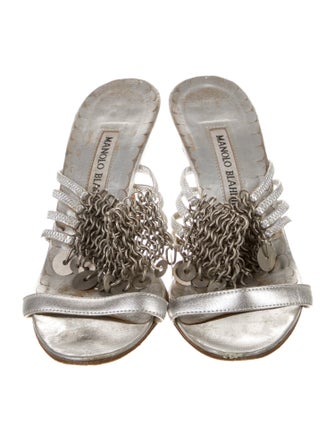 Manolo Blahnik Leather Chain-Link Accents Slides