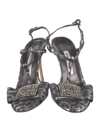 Manolo Blahnik Animal Print Crystal Embellishments T-Strap Sandals