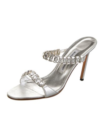 Manolo Blahnik Leather Crystal Embellishments Slides