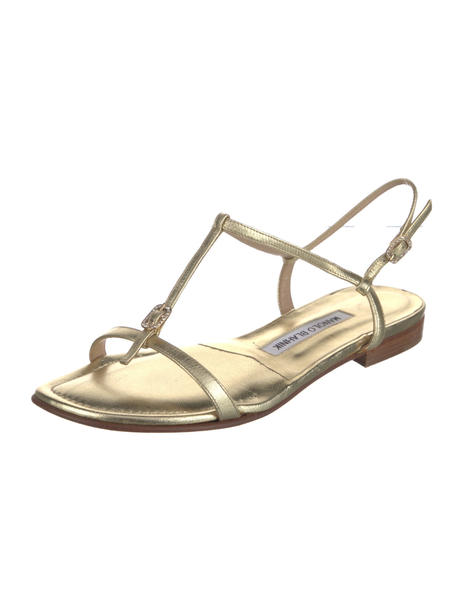 Manolo Blahnik Leather Crystal Embellishments T-Strap Sandals