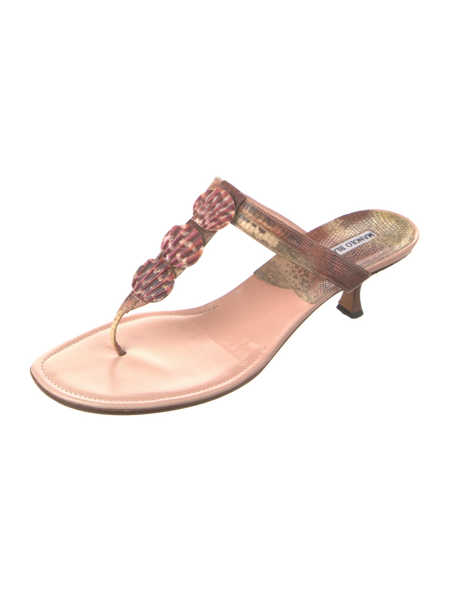 Manolo Blahnik Embossed Leather Animal Print T-Strap Sandals