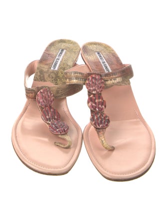 Manolo Blahnik Embossed Leather Animal Print T-Strap Sandals