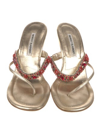 Manolo Blahnik Leather Crystal Embellishments Slides