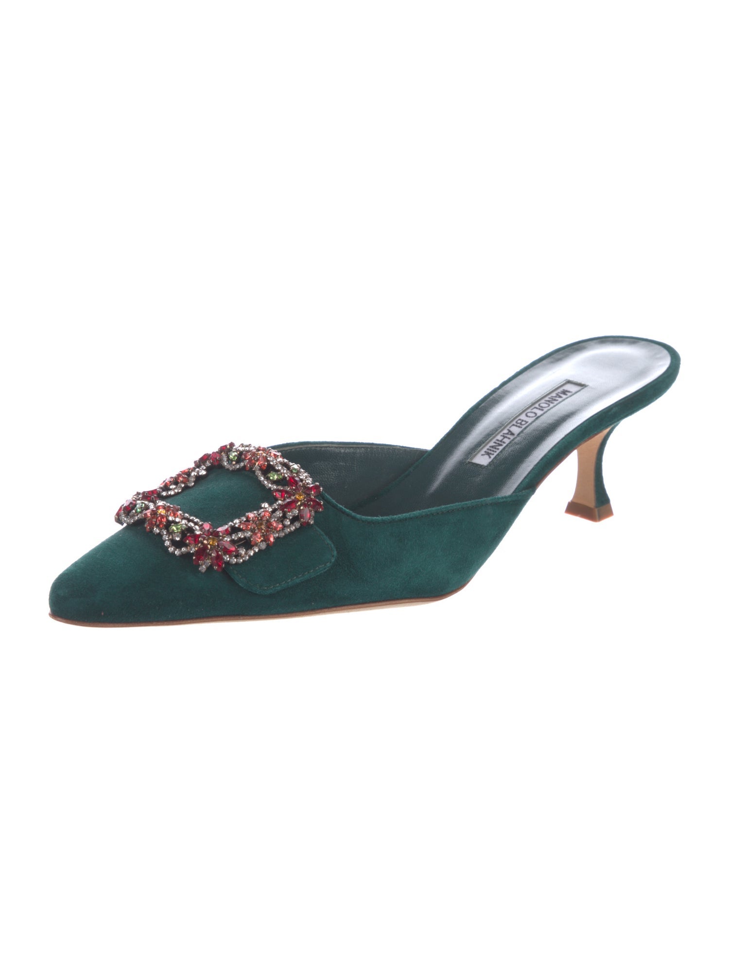 Manolo Blahnik Suede Crystal Embellishments Mules