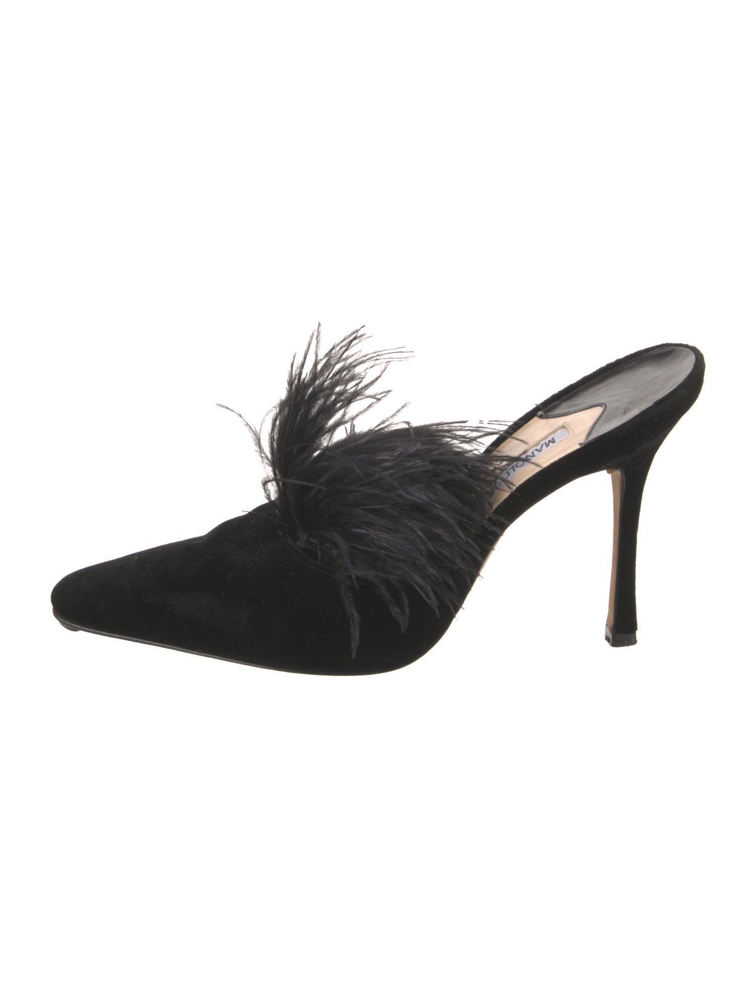 Manolo Blahnik Velvet Feather Trim Mules