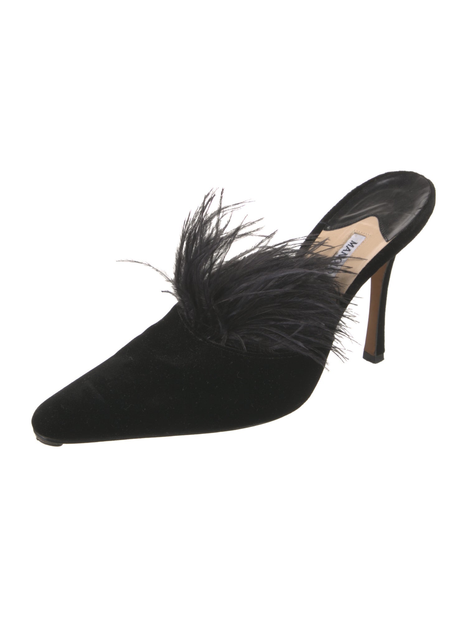 Manolo Blahnik Velvet Feather Trim Mules