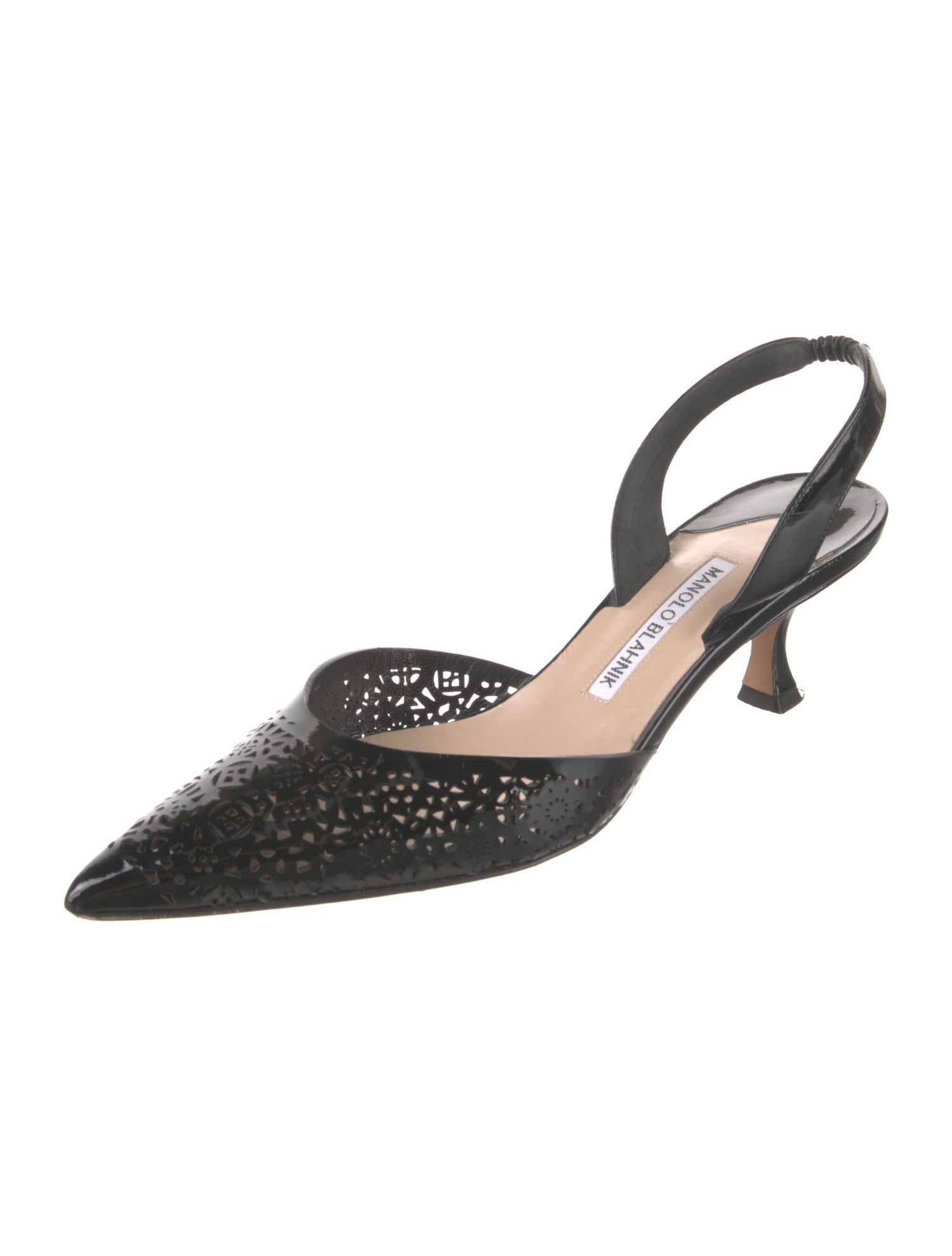 Manolo Blahnik Patent Leather Lasercut Accents Slingback Pumps