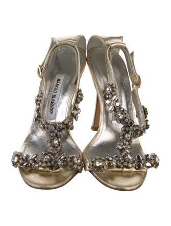 Manolo Blahnik Leather Crystal Embellishments T-Strap Sandals