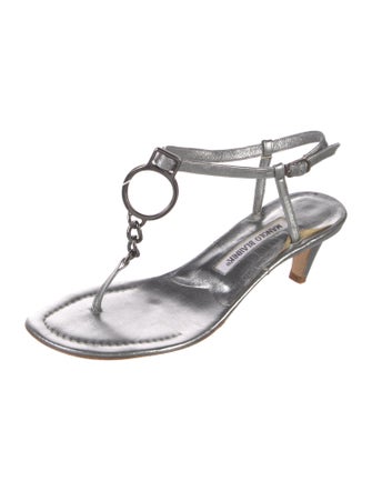 Manolo Blahnik Leather Chain-Link Accents T-Strap Sandals