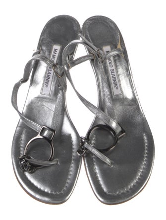 Manolo Blahnik Leather Chain-Link Accents T-Strap Sandals