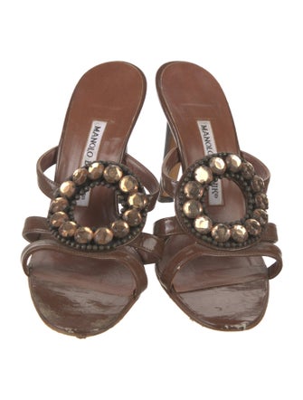 Manolo Blahnik Leather Crystal Embellishments Slides