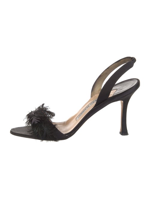 Manolo Blahnik Satin Feather Trim Slingback Sandals
