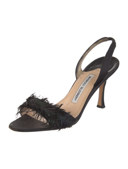 Manolo Blahnik Satin Feather Trim Slingback Sandals