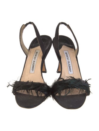 Manolo Blahnik Satin Feather Trim Slingback Sandals