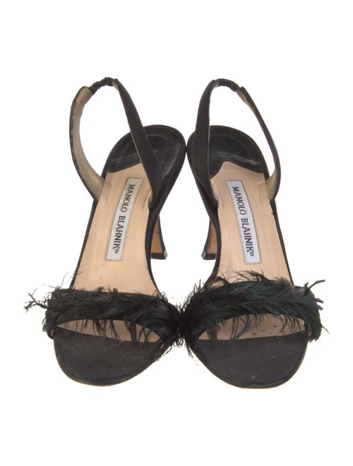 Manolo Blahnik Satin Feather Trim Slingback Sandals