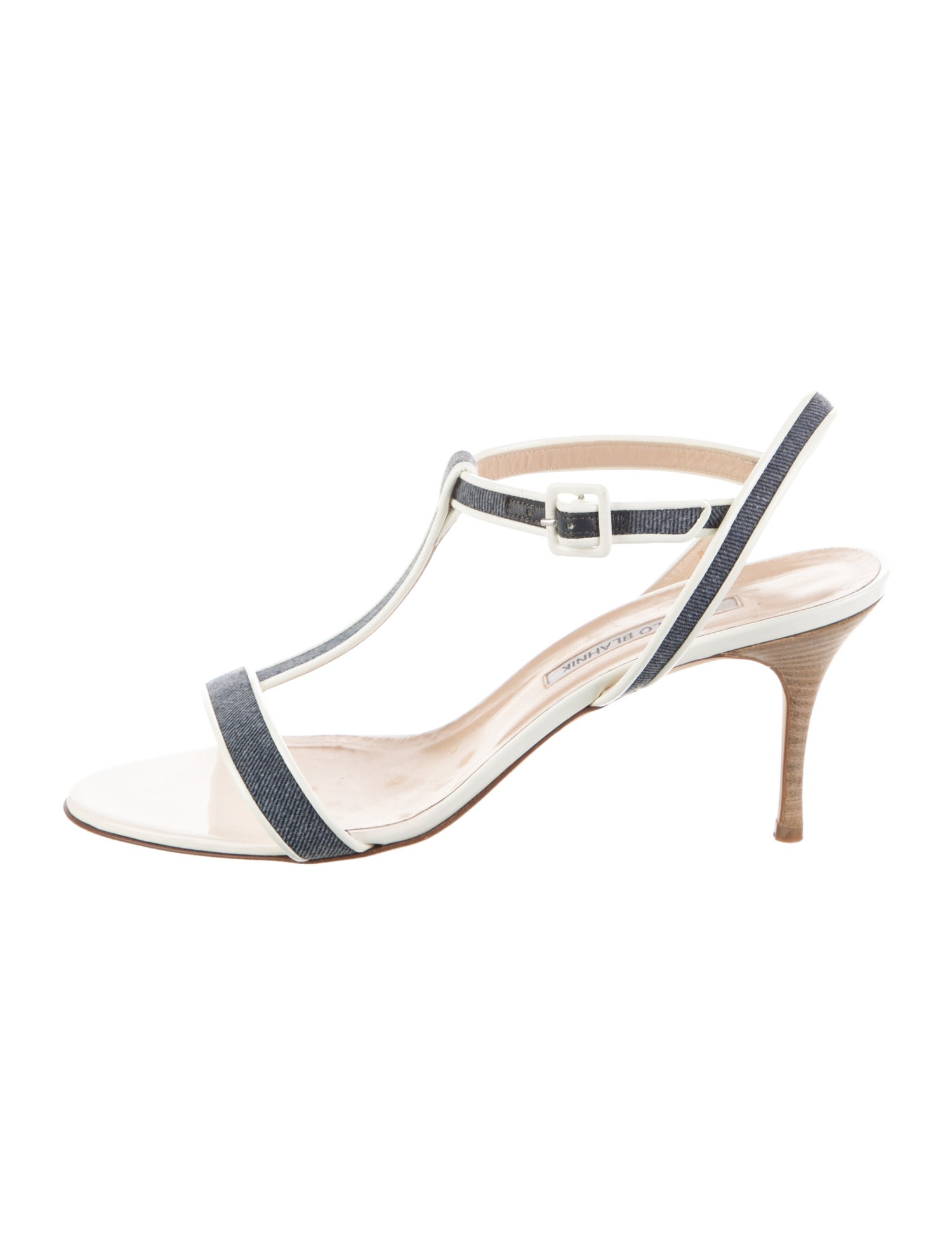 Manolo Blahnik Denim Striped T-Strap Sandals