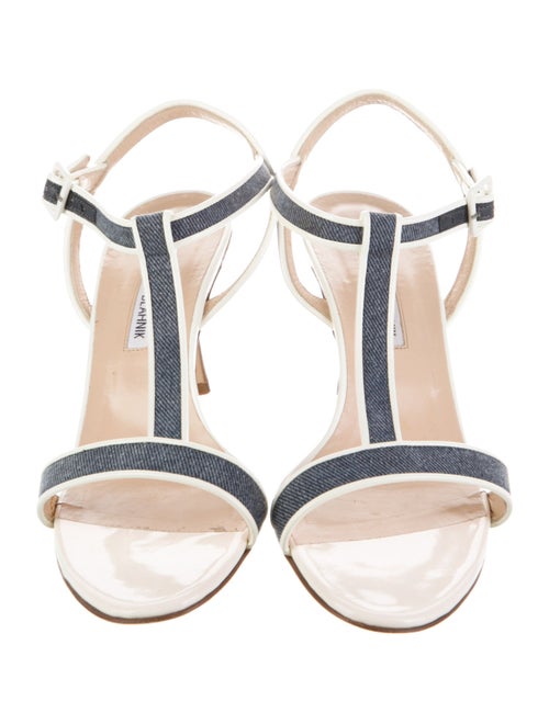 Manolo Blahnik Denim Striped T-Strap Sandals