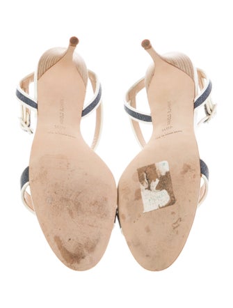 Manolo Blahnik Denim Striped T-Strap Sandals