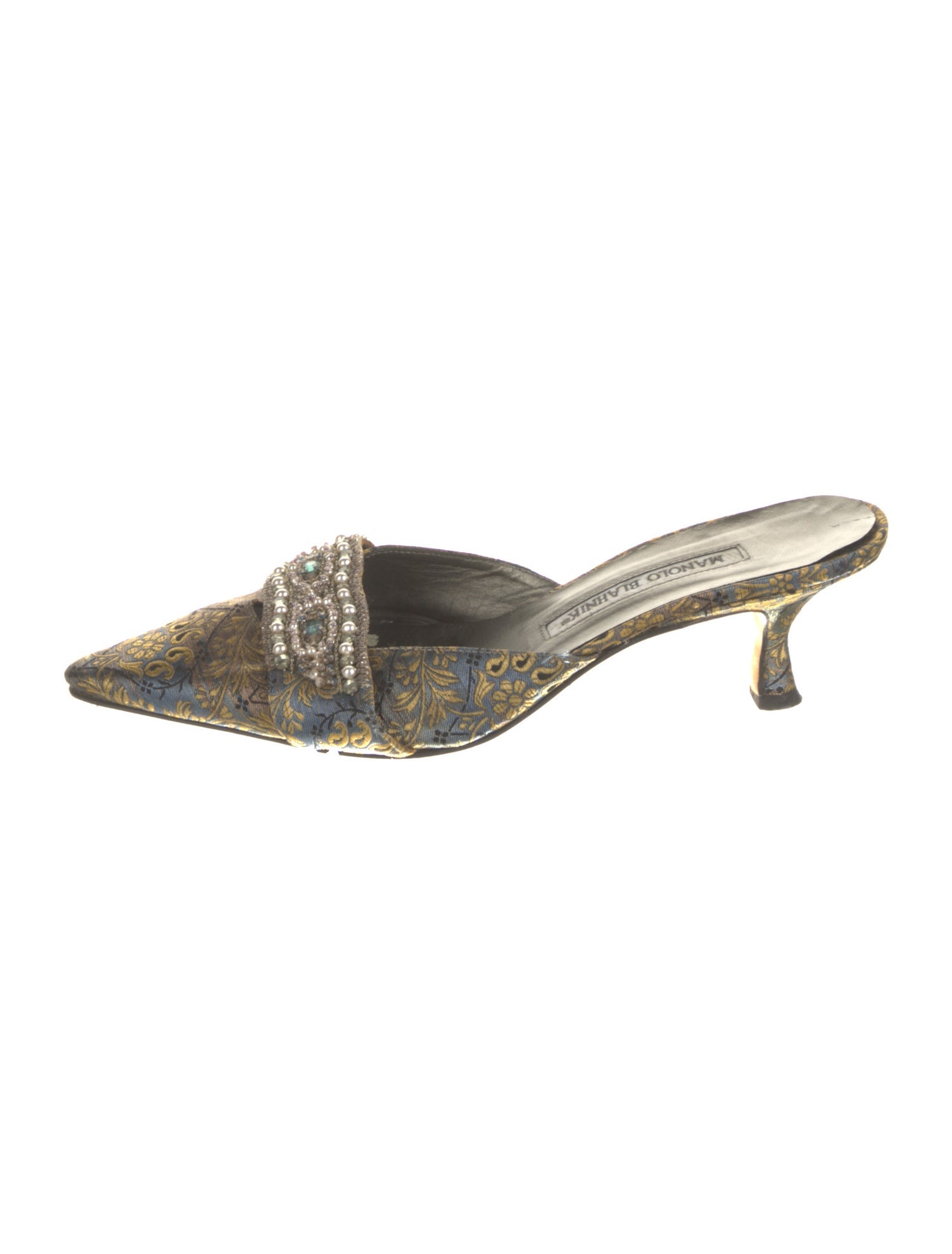 Manolo Blahnik Paisley Print Crystal Embellishments Mules