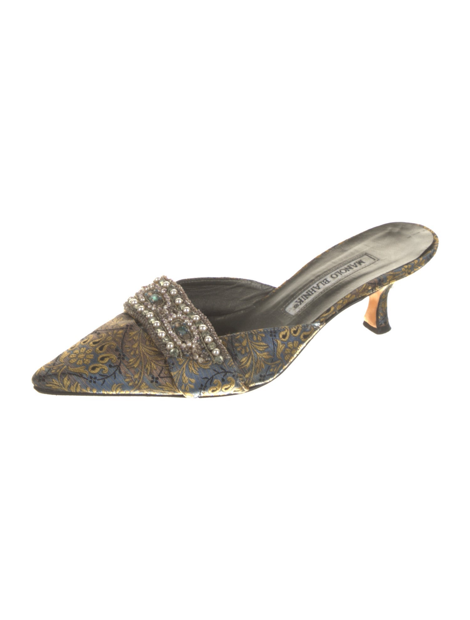 Manolo Blahnik Paisley Print Crystal Embellishments Mules