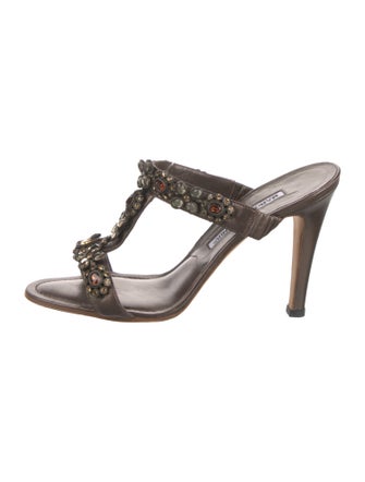 Manolo Blahnik Leather Crystal Embellishments T-Strap Sandals